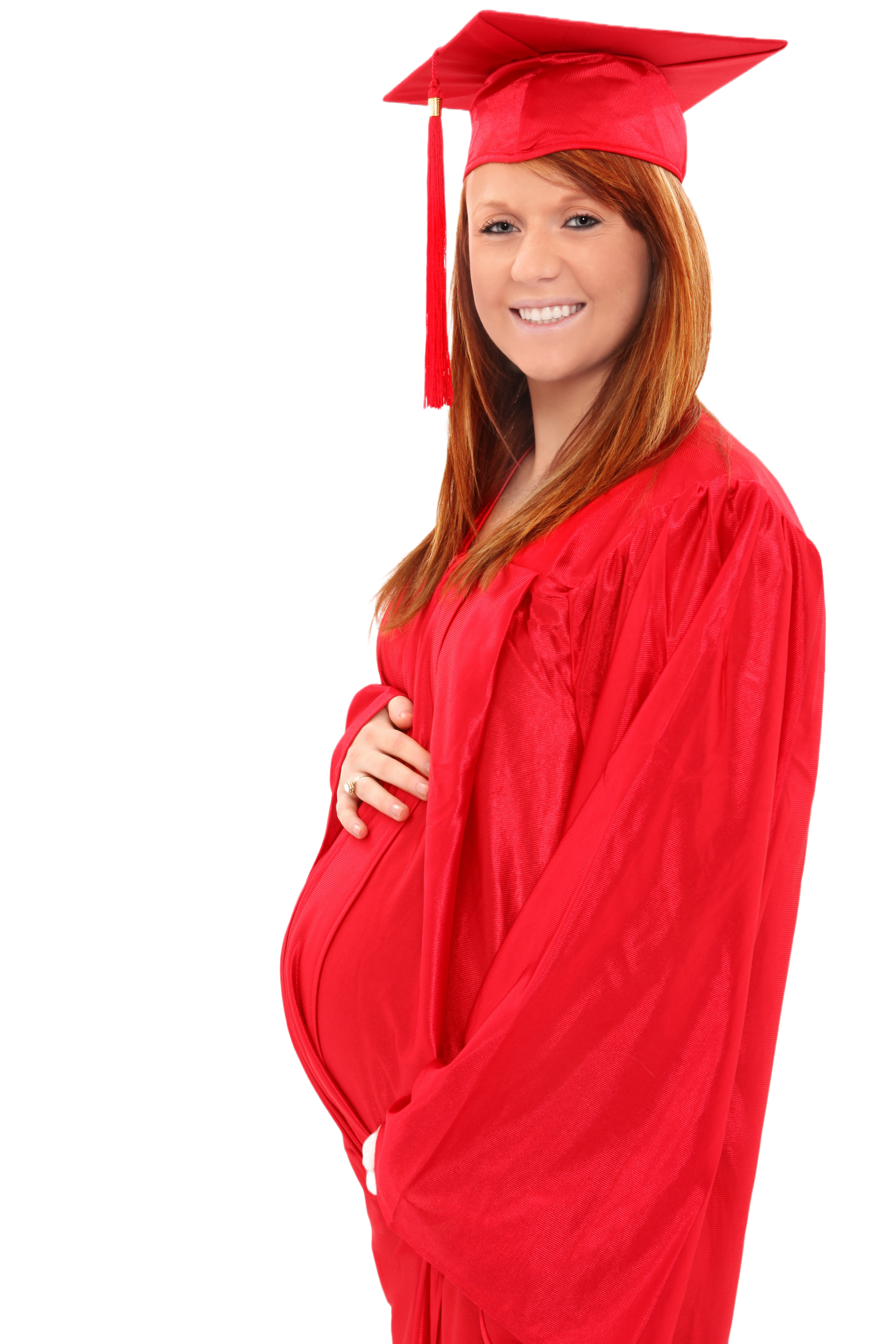  Happy expecting mother to be in graduation cap and gown over white background.