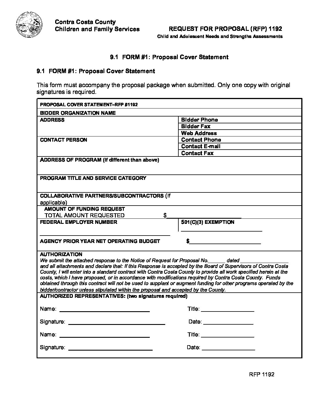 9.1 – Form 1 – Rfp 1192 – Proposal Cover Statement 