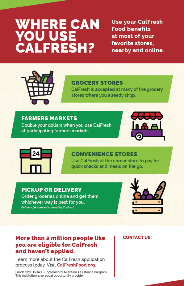 A flyer saved as an image with the following information: WHERE CAN YOU USE CALFRESH? Use your CalFresh Food benefits at most of your favorite stores, nearby and online. GROCERY STORES CalFresh is accepted at many of the grocery stores where you already shop. FARMERS MARKETS Double your dollars when you use CalFresh at participating farmers markets. CONVENIENCE STORES Use CalFresh at the corner store to pay for quick snacks and meals on the go. PICKUP OR DELIVERY Order groceries online and get them whichever way is best for you. Delivery fees are not covered by CalFresh. More than 2 million people like you are eligible for CalFresh and haven’t applied. Learn more about the CalFresh application process today. Visit CalFreshFood.org. WHERE CAN YOU USE CALFRESH? Funded by USDA’s Supplemental Nutrition Assistance Program.