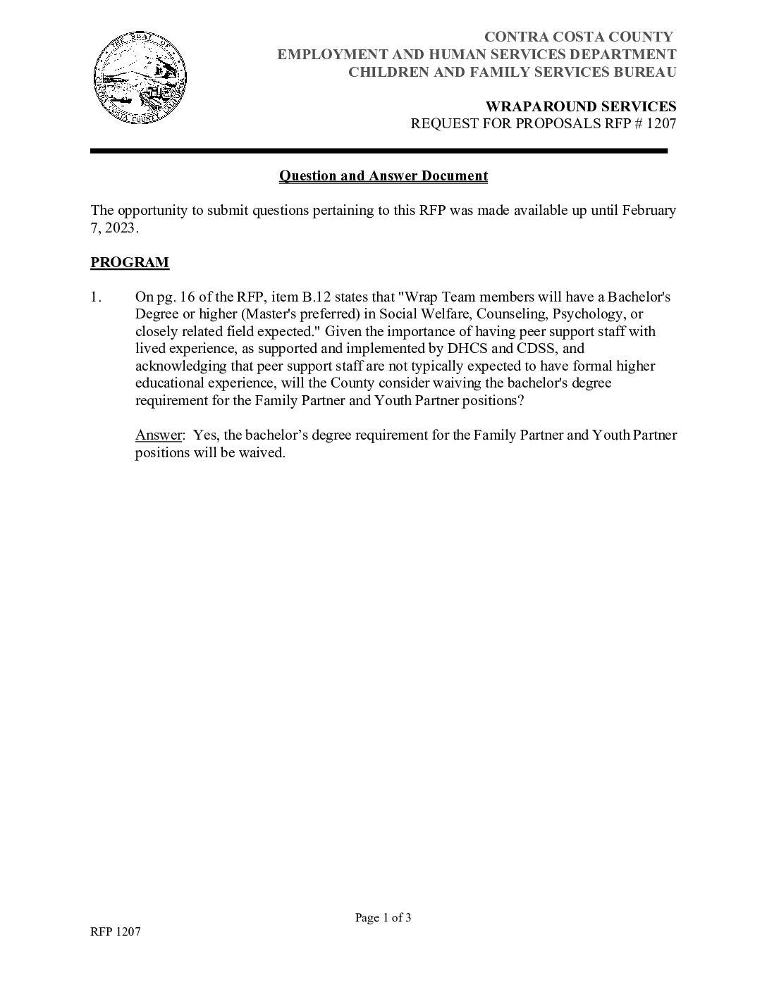 RFP 1207 Question and Answer Doc | EHSD