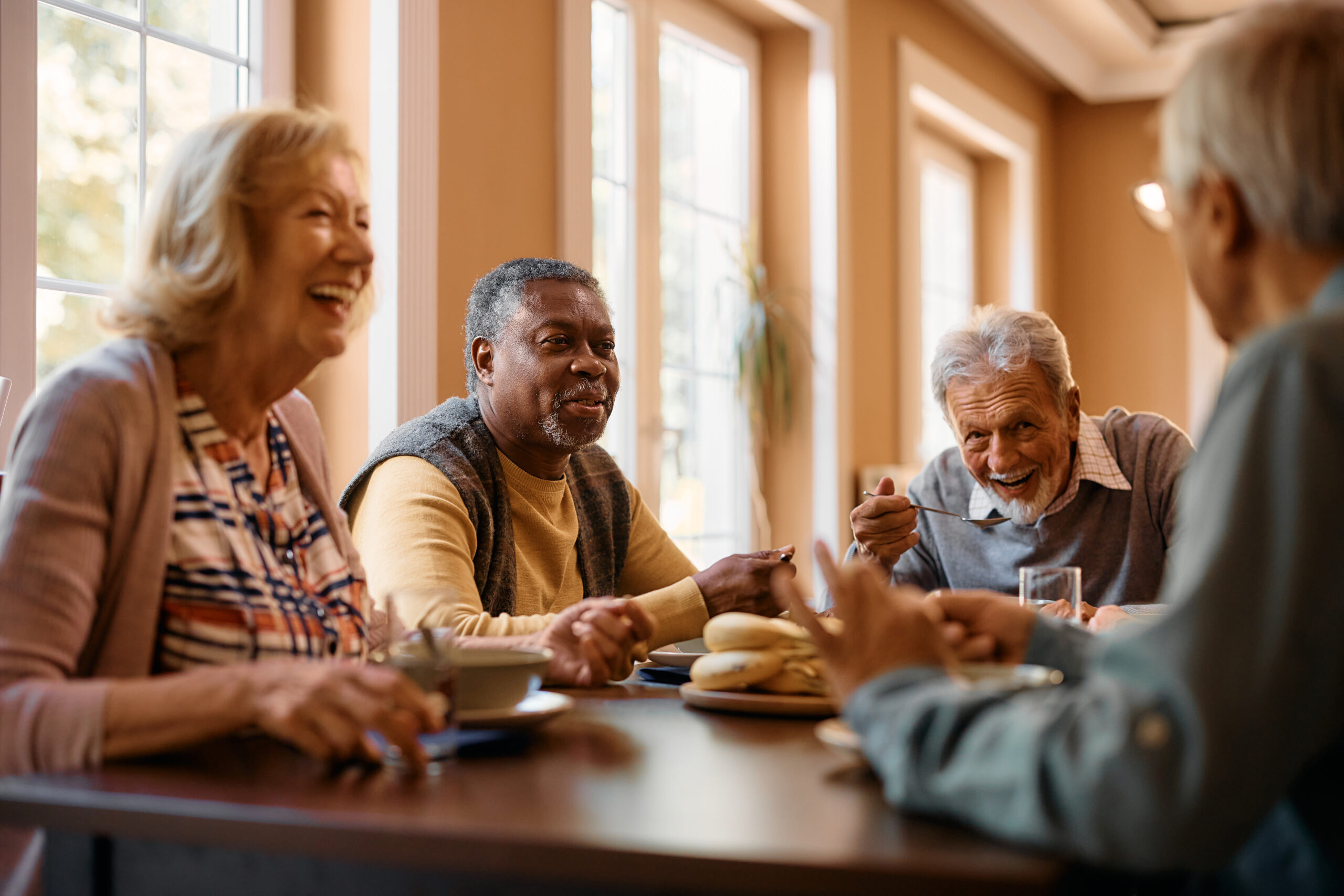 Group of cheerful older adults enjoying conversation during lunch.