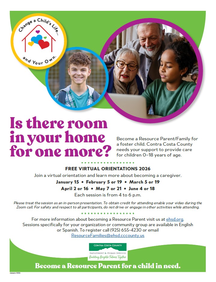 Orientation dates for people interested in becoming a foster parent: English Orientation Dates - 2026: January 15 February 5 and 19 March 5 and 19 April 2 and 16 May 7 and 21 June 4 and 18 Spanish Orientation Dates-2026: January 8 February 12 March 12 April 9 May 14 June 11