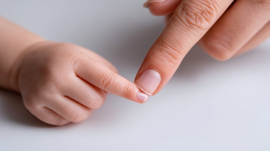 An image of a toddler or child's finger touching an adult finger.